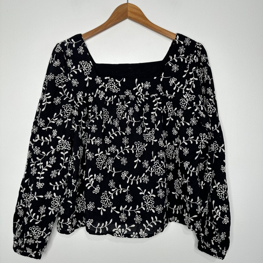 Garnet‎ Hill Eyelet Square Neck Top Size 16 Black Embroidered Boho